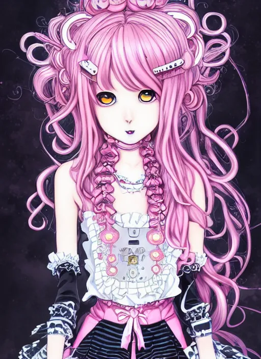 Prompt: dark fantastic manga character design of beautiful cat girl witch with a robot, pink curls hair, rococo dress, symmetrical face, cute, fairy, by mai yoneyama, takeshi obata, katsuhiro otomo, detailed background, illustration, artstation, concept art, highly detailed, colorful, maximalist