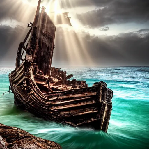 Image similar to wooden shipwreck of old pirate ship on rocks at sea, dramatic lighting, sun beams, god rays illuminating wreck, dark background, gloomy green sea, fantasy art