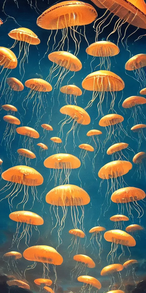 Image similar to baroque oil painting of a thousand little jellyfish flying through the sky!!! different realm, cinematic, dark fantasy, acrylic palette knife, high detail, hyper realism, ray tracing, 4 k resolution, 8 k resolution, full hd, neon, realistic painting by junji ito, laurie lipton and michael whelan