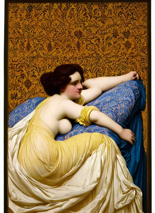 Image similar to masterpiece portrait of lady reclining on bed flowing sheets wearing yellow ochre ornate medieval dress, vertical, foreshortening, colour photography by frederic leighton, william morris, 8 k