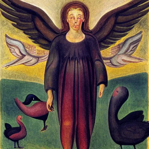 Image similar to biblical angel with ducks, by jean deville, by william blake, oil on canvas