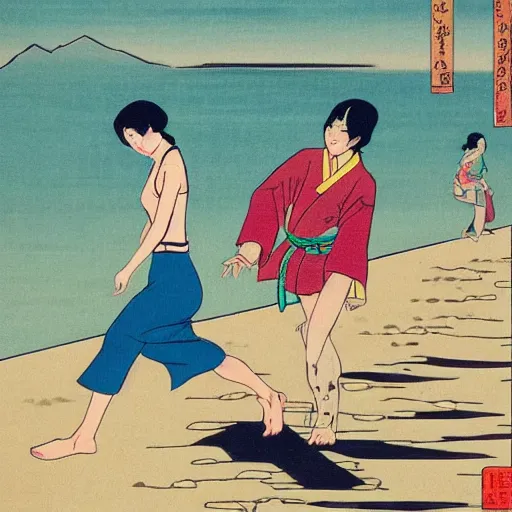 Image similar to Beautiful Japanese woman running from an old samurai on the beach Toshio Saeki, high detailed, artstation trending