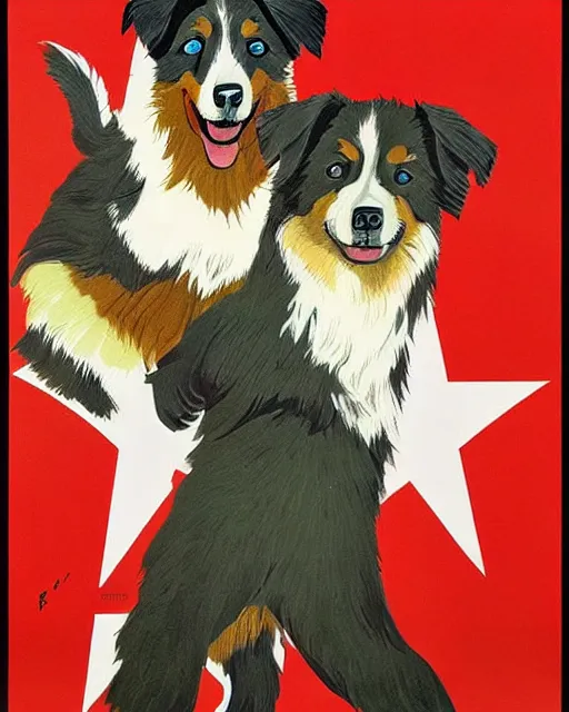 Image similar to soviet propaganda poster of an australian shepherd soldier, soviet art