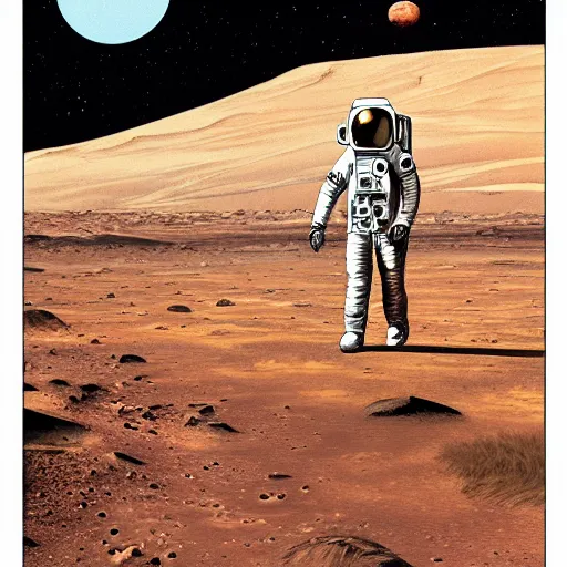 Image similar to astronaut walking on Mars with a rover in the background, Vintage Magazine Illustration