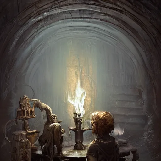 Image similar to epic masterpiece of cinematographic hyperrealism where an archeologist finds a goblet of immortality in a dark crypt. torches realistic shaded lighting poster by craig mallismo, artgerm, jeremy lipkin and michael garmash, unreal engine, detailed and intricate environment, digital art, art station trends, horror, matte