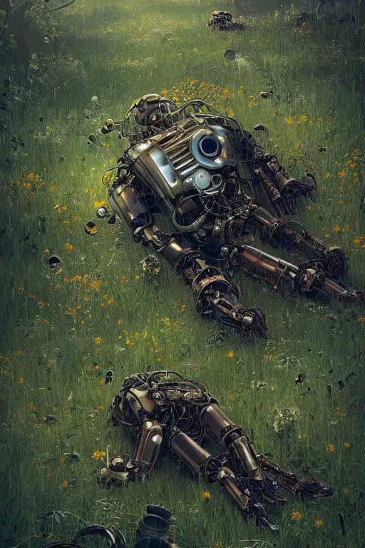 Image similar to a portrait of a broken mechanical steampunk robot laying in the meadow covered in plants by greg rutkowski, sung choi, mitchell mohrhauser, maciej kuciara, johnson ting, maxim verehin, peter konig, bloodborne, 8 k photorealistic, cinematic lighting, hd, high details, dramatic, dark atmosphere, trending on artstation