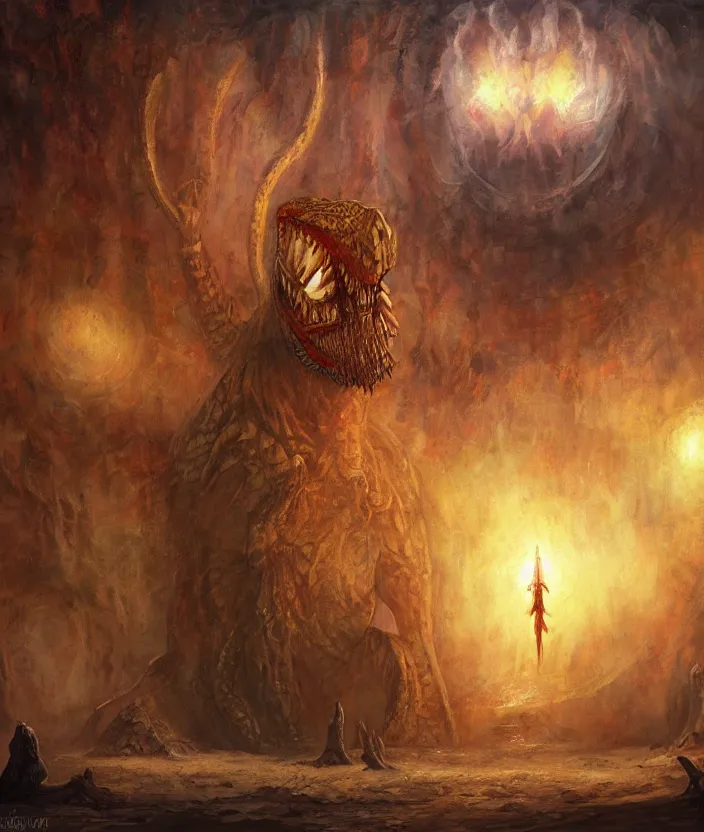 Image similar to egyptian crocodile god, fantasy artwork, godrays, warm colors, by seb mckinnon