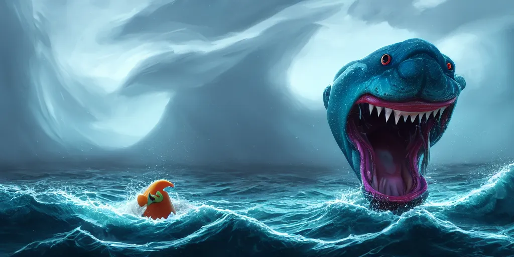 Prompt: of a stormy ocean with large strange goofy creatures with big mouth, long tongue, weird nose, and square teeth appearing from the water, in the style of yang na, macro lens, shallow depth of field, highly detailed, digital painting, trending artstation, concept art, illustration, cinematic lighting, vibrant colors, photorealism, epic, octane render