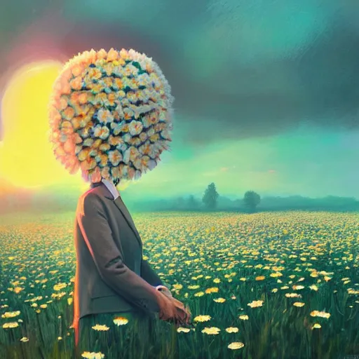 Image similar to huge daisy flower head, frontal, girl in a suit, surreal photography, sunrise, dramatic light, impressionist painting, digital painting, artstation, simon stalenhag