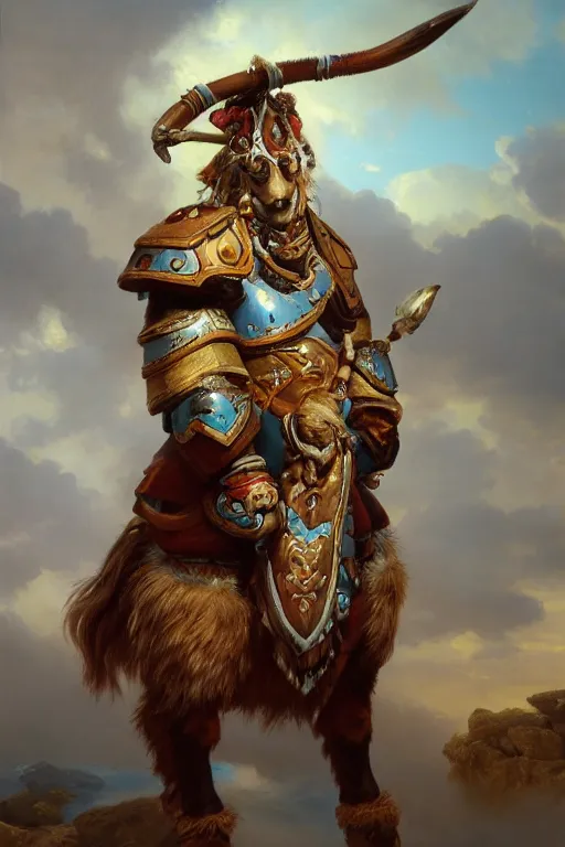 Image similar to oil painting of a tauren wearing full plate armor, in style of ivan aivazovsky, expressive face, detailed face, detailed eyes, full body, feminine face, tracer overwatch,