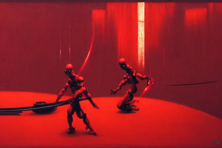 Image similar to only with red, a red cyborg samurai, tokio futuristic in background, some evil yokai fight, in the style of beksinski, parts by edward hopper, parts by rodcenko, parts by yue minjun, intricate and epic composition, red by caravaggio, insanely quality, highly detailed, masterpiece, red light, artstation, 4 k