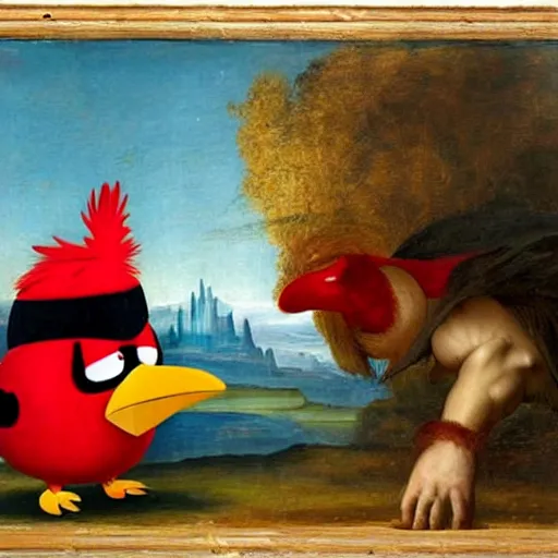 Prompt: large angry bird towers over a small bird, renaissance painting