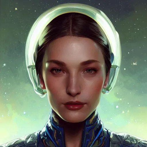 Image similar to Portrait of very very very very very very beautiful woman, spacesuit, green eyes, Amber skin, intricate, elegant, highly detailed, digital painting, artstation, concept art, smooth, sharp focus, illustration, art by artgerm and greg rutkowski and alphonse mucha