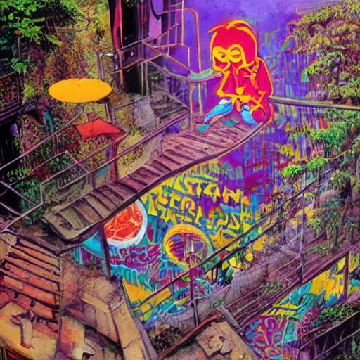 Image similar to breakfast at las pozas, graffiti by moebius, happy mood, cyberpunk, futuristic, 1 9 7 0 cut out collage, technilogy, high detail, golden light, realistic