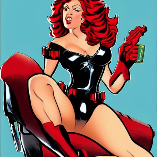 Image similar to black widow pinup, art by michael miller