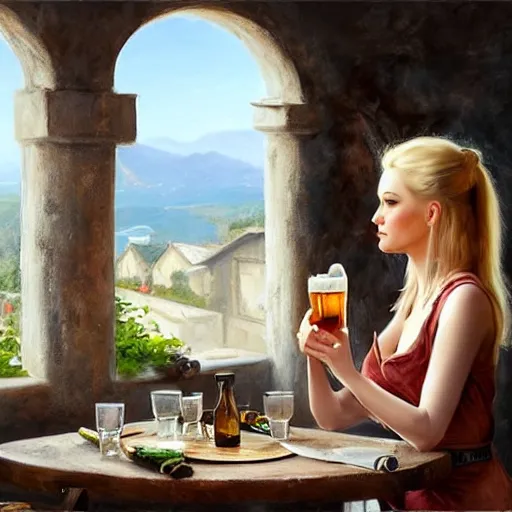 Image similar to (Boba Fett) and a beautiful young blonde drinking beer in a wine cellar, food, meat, schnapps, torches on the wall, romantic, inviting, cozy, painting by Vladimir Volegov