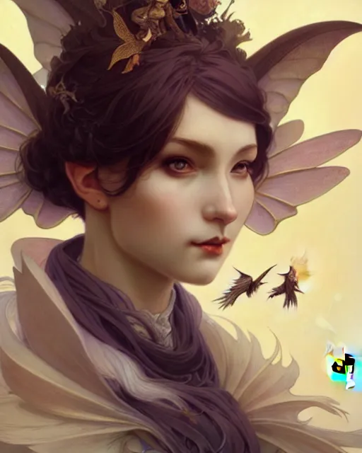 Image similar to portrait of a woman with wings, pixie character, genshin impact, fantasy magic, dark light night, intricate, elegant, sharp focus, illustration, highly detailed, concept art, matte, art by wlop and artgerm and greg rutkowski and alphonse mucha and kidmo, anime, trending on artstation