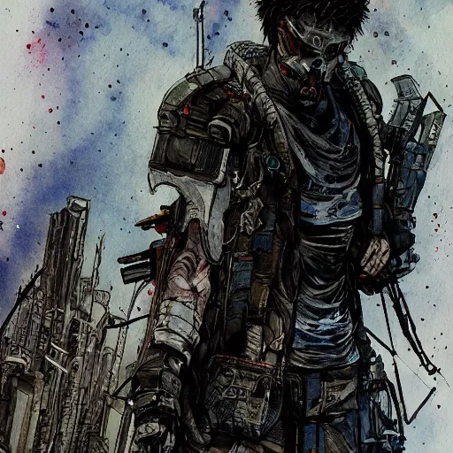 Image similar to a watercolor ink painting of a post - apocalyptic cyberpunk grimdark demon in the style of leonard boyarsky in the style of yoji shinkawa detailed realistic hd 8 k high resolution