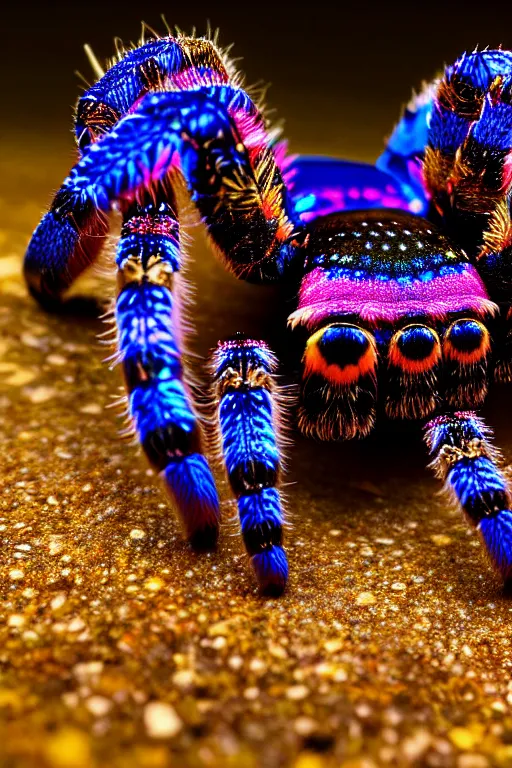 Image similar to high quality macro photo iridescent tarantula! jewelled supercute! highly detailed david ligare elson peter cinematic blue neon lighting high quality low angle hd 8k sharp shallow depth of field