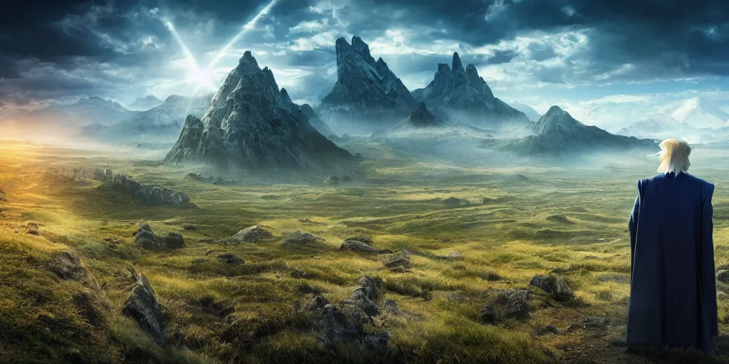 Image similar to a beautiful wide shot of donald trump being gandalf, the panorama of middle earth in the background, intricate detail, god rays, photography, volumetric light, cinematic, 8 k