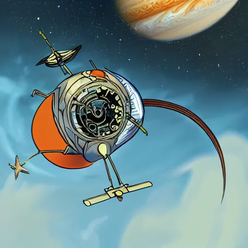 Image similar to a mouse wearing clockwork wings flying through Jupiter, sci-fi illustration