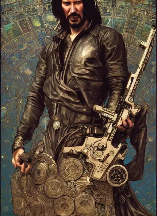 Image similar to Keanu Reeves as God of Guns, brutal, epic, intricate, elegant, highly detailed, digital painting, 4k, HDR, concept art, smooth, sharp focus, illustration, art by alphonse mucha,artgerm, H R Giger