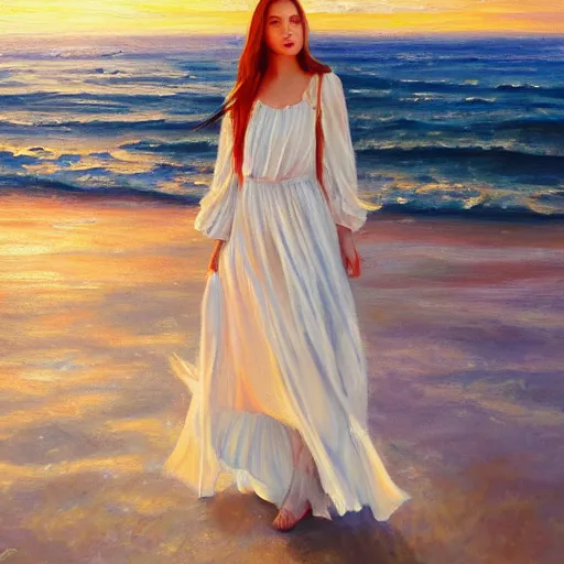 Image similar to an influencer girl portrait in long white dress, sunset, flowers, ocean in distance, oil painting, pale colors, high detail, 8 k, wide angle, trending on artstation,