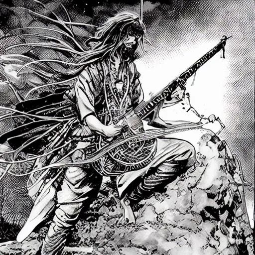 Image similar to Frank Zappa golden Vagabond magic swordsman glides through a beautiful battlefield magic the gathering dramatic esoteric pen and ink illustrated in high detail by Hiroya Oku, Moebius, and Tatsuki Fujimoto shonen jump 2077