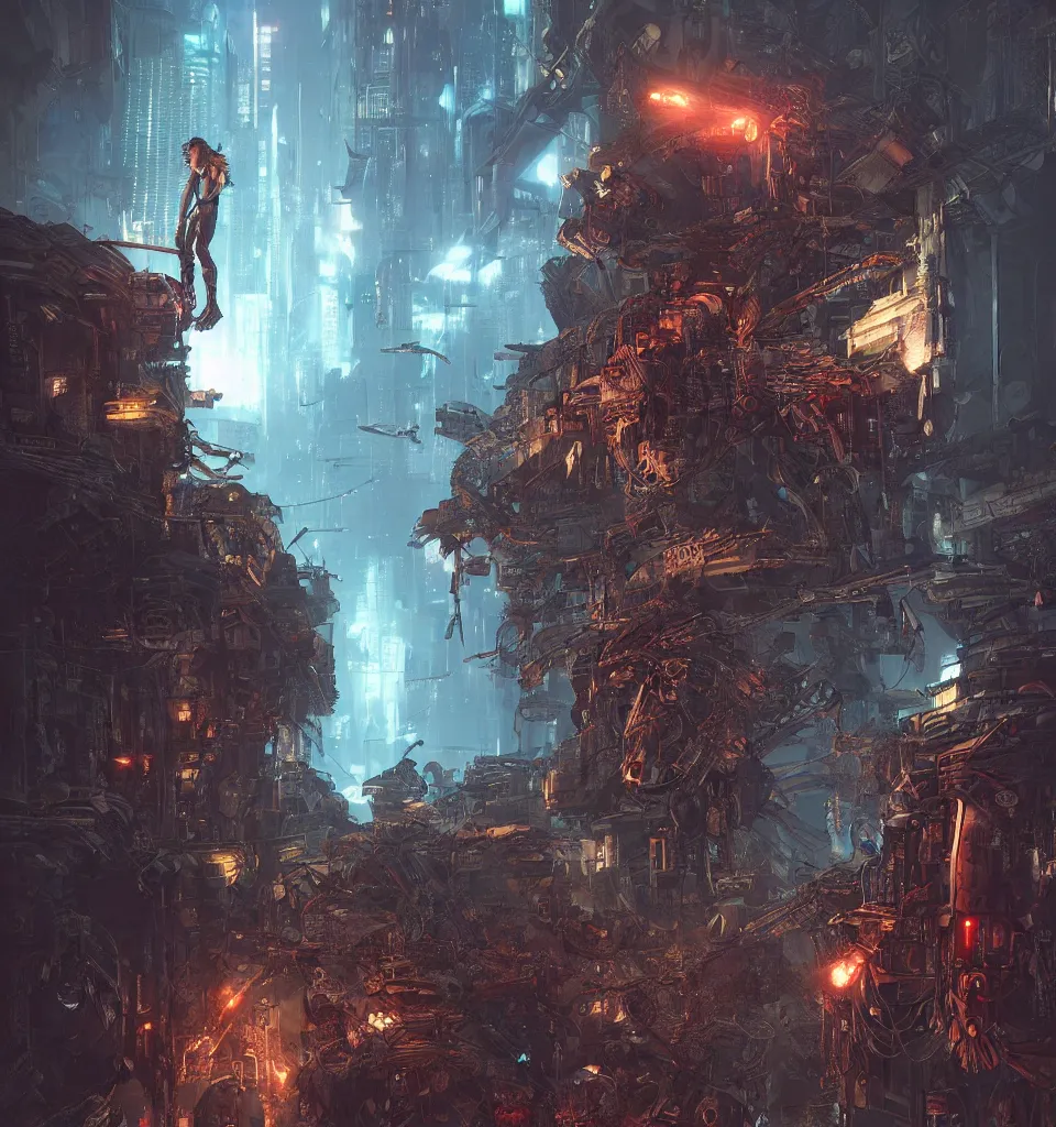 Image similar to cyberpunk gladiator, cinematic, highly detailed, octane render, cg, rich cinematic atmosphere, perfect digital art, mystical journey in strange world, Mystical, cyberpunk, tech war, sci-fi, surreal, glowing lights, sharp focus, high detailed, by Akihiko Yoshida, michael whelan and Karol Bak