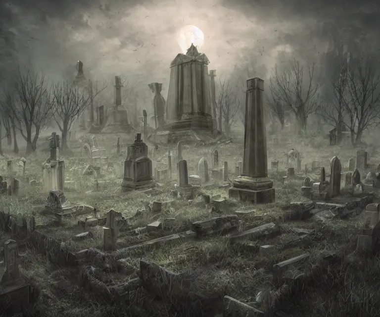 Image similar to a city of tombs and tombstones, graveyard landscape, inhabited by flying spirits, ghostly spirits, giant grave structures, giant tomb structures, dark fantasy, digital art, fantasy art