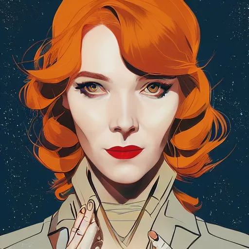 Image similar to Joshua Middleton comic art, stunning female Actress Audrey Plaza, spy, eye patch over left eye, evil smile, symmetrical face, symmetrical eyes, tailored clothing, long straight blonde hair, full body, Winter night