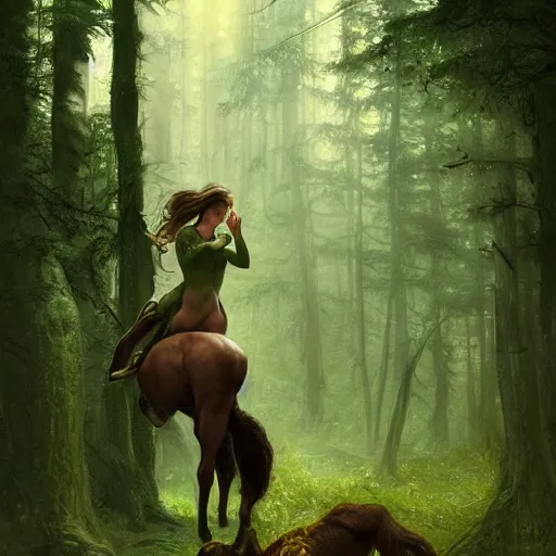 Prompt: centaur trapped in woods, desperate, dark green trimmed clothing, sharp focus, intricate, cinematic lighting, smooth, ultra realistic digital art, high fantasy, elegant, by artgerm, greg rutkowski, alphonse mucha