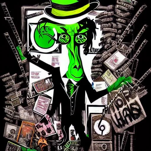 Image similar to graphic illustration, creative design, alice cooper as the riddler, biopunk, francis bacon, highly detailed, hunter s thompson, concept art