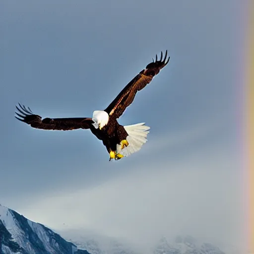 Prompt: eagle flying above snow mountains, rainbow