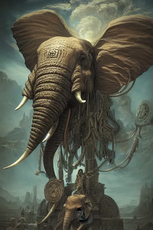 Image similar to ancient psychic tandem war elephant, hyperrealism, dark fantasy, concept art, by ernst haeckel, artgerm, greg rutkowski, h. r. giger and zdislaw beksinski, octane render, trending on artstation