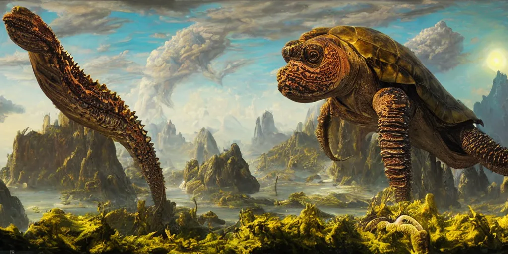 Image similar to fantasy oil painting, great leviathan, cybernetic turtle cephalopod terrapin reptilian pachyderm squid, bella hadid, hybrid, milla jovovich, anubis, epic natural light, lush plants flowers, spectacular mountains, bright clouds, luminous sky, outer worlds, golden hour, michael cheval, edward hopper, michael whelan, vray, hd