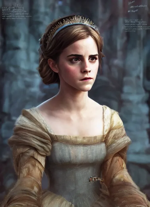 Image similar to emma watson as princess sofia, naturel, hyper detailed, digital art, trending in artstation, cinematic lighting, studio quality, smooth render, unreal engine 5 rendered, octane rendered, art style by klimt and nixeu and ian sprigger and wlop and krenz cushart