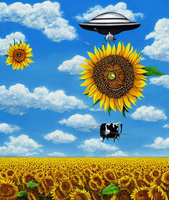 Image similar to a highly detailed painting of a sunflower field and an ufo abducting a cow, very fine brush strokes, baby blue sky with aesthetic clouds, 4 k,