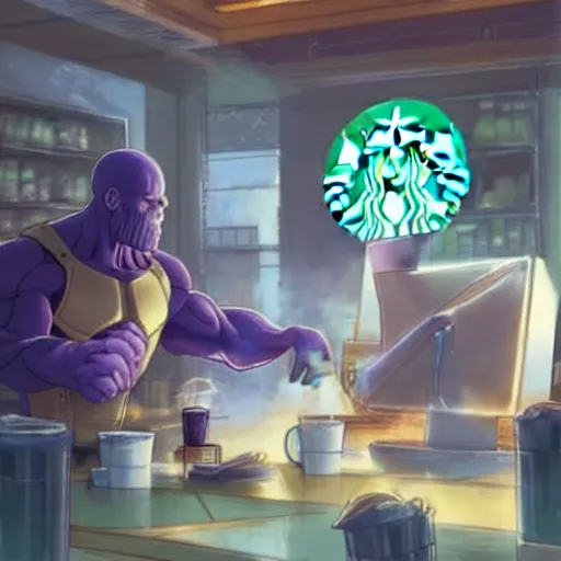 Image similar to portrait of thanos working at starbucks, digital illustration, by makoto shinkai and ruan jia and studio ghibli