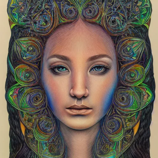 Image similar to Colored pencil art on paper, Goddess Gaia Portrait, highly detailed, artstation, MasterPiece, Award-Winning, Caran d'Ache Luminance