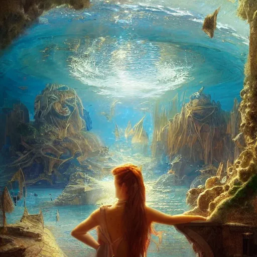 Image similar to a beautiful portrait painting of life in atlantis, masterpiece by famous artist nasreddine dinet and eugene de blaas and rossdraws, path tracing, artstation