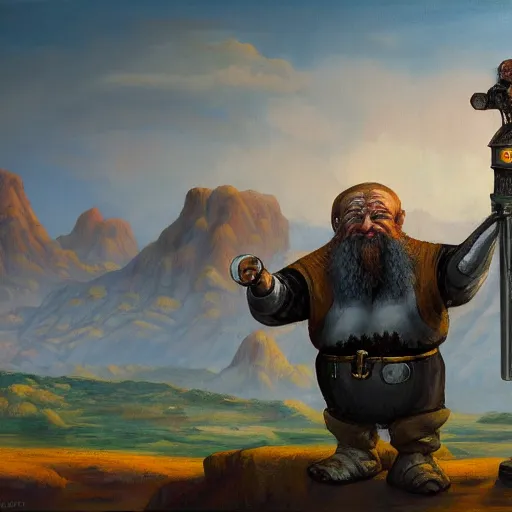 Image similar to oil painting of a medieval fantasy dwarf standing next to a robot made of chrome, badlands in the background, detailed, 4K