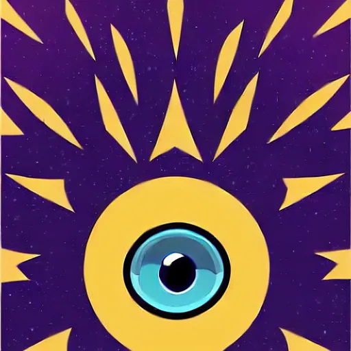 Image similar to a glowing crown sitting on a table with one large beautiful eye on top of it like a jewel, stars on top of the crown, night time, vast cosmos, geometric light rays exploding outwards into stars, sharp bold black lines, flat colors, minimal psychedelic 1 9 5 0 s poster illustration