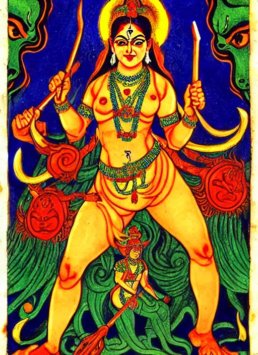 Image similar to kali - durga in the style of ivan bilibin with a hammer and sickle and in the forehead the star burns