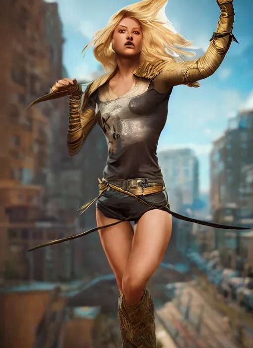 Image similar to An epic fantasy comic book style portrait painting of an athletic blonde female thief dancing, unreal 5, DAZ, hyperrealistic, octane render, cosplay, RPG portrait, dynamic lighting