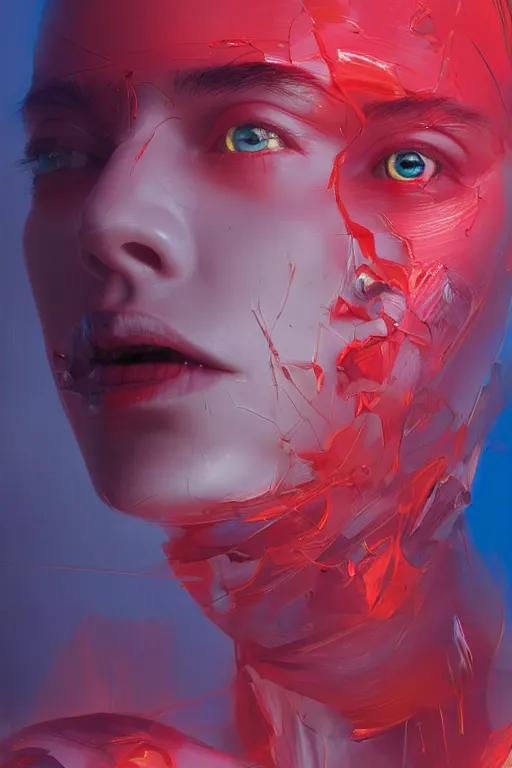 Image similar to 3 d, sci - fi, morning, madness fashion model face, sun, lightning clouds, vogue cover style, light red and deep blue mood, cinematic, realistic painting, intricate oil painting, high detail, figurative art, multiple exposure, poster art, 3 d, by stanley kubrick and tooth wu and wlop and beeple and greg rutkowski