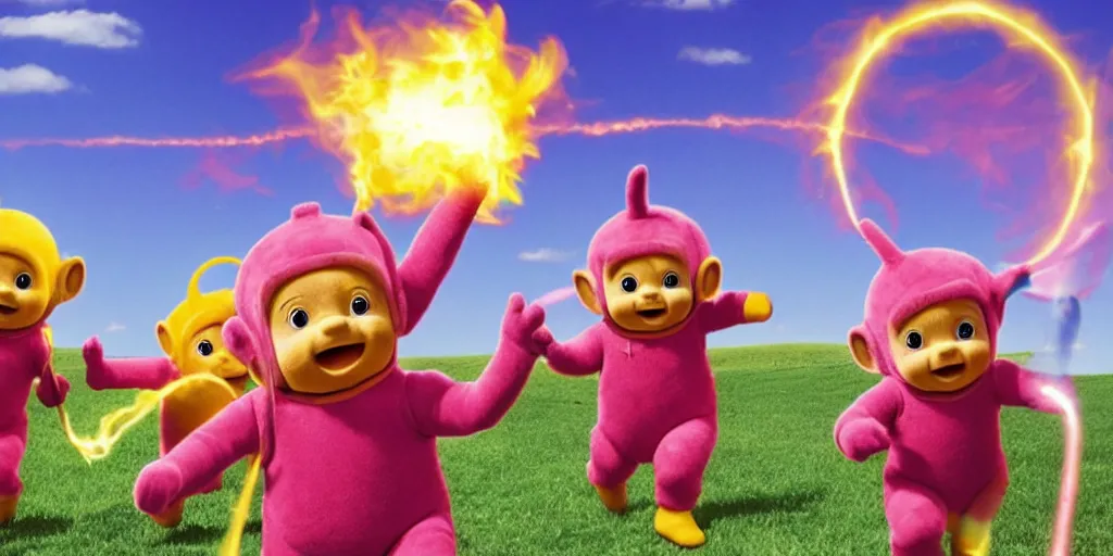 Image similar to teletubbies running on the string destroying everything with a flamethrower.