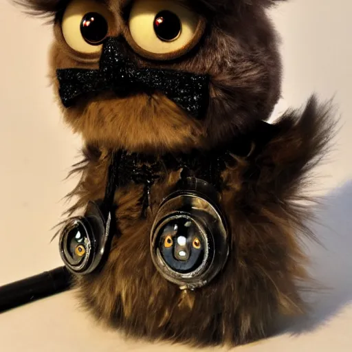 Prompt: a fluffy steampunk furby with glowing eyes