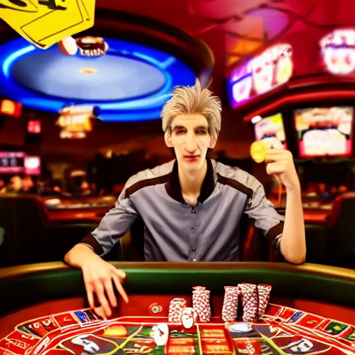 Image similar to film still of xqc gambling in Vegas, 4k, photorealism, artstation style