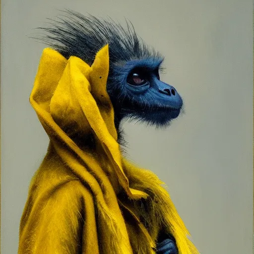 Prompt: long - eared monkey - crow creature wearing a raincoat, tonalist painting, prussian blue and azo yellow, dramatic lighting